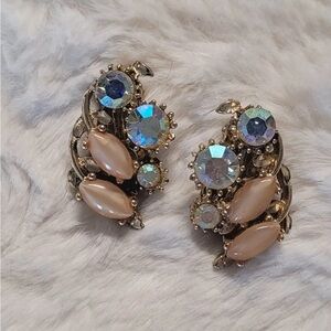 Vintage 1950s–60s Aurora Borealis & Pink Moonstone Clip-On Earrings